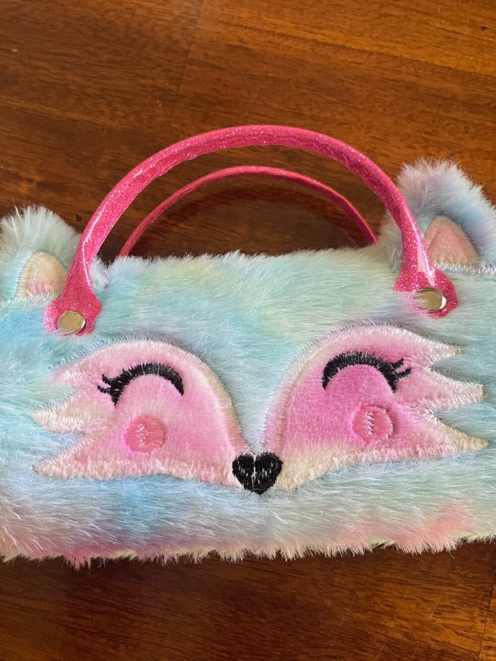 Fox Mini Girls Handheld Bag Purse Blue Pink Faux Fur 6" x 3"